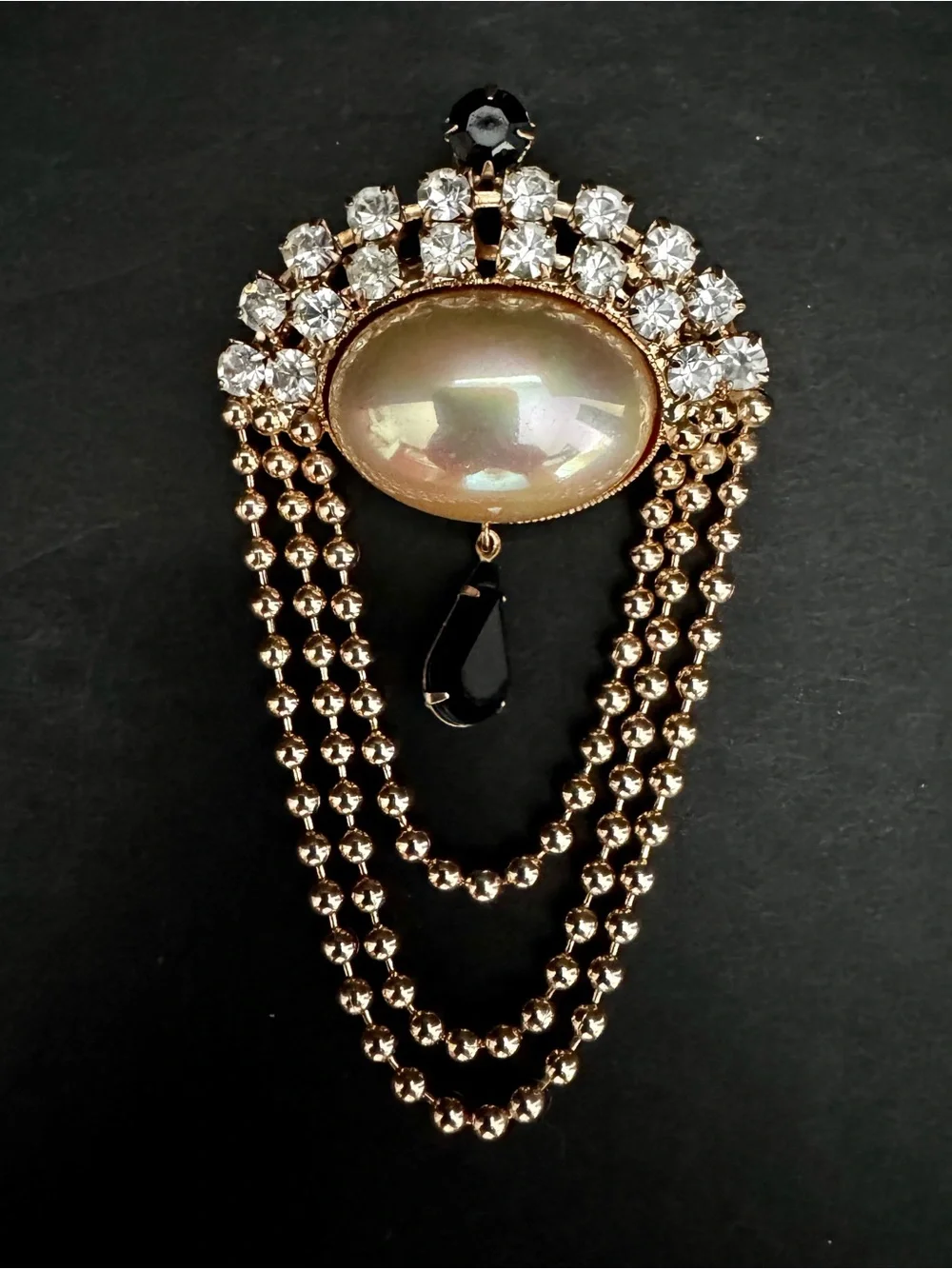 VTG Rhinestone Brooch Faux Pearl Cabochon Black Jet Tassel Dangle Unsigned